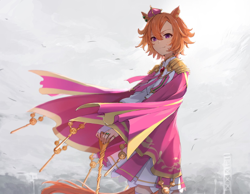 1girl, animal_ears, cape, commentary, crown, feet_out_of_frame, hair_between_eyes, highres