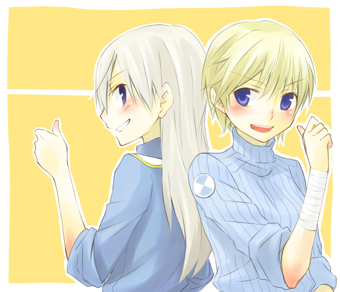 bandages, blonde_hair, blue_eyes, blush, eila_ilmatar_juutilainen, itsu_(artist), long_hair, multiple_girls