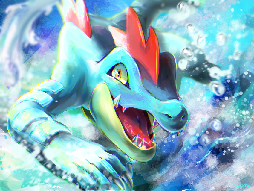 animal_focus, blue_scales, claws, feraligatr, highres, no_humans, nostrils, open_mouth, pokemon, pokemon_(creature), sharp_teeth, signature, solo, teeth, tongue, water, water_drop, yellow_eyes, yurikiya