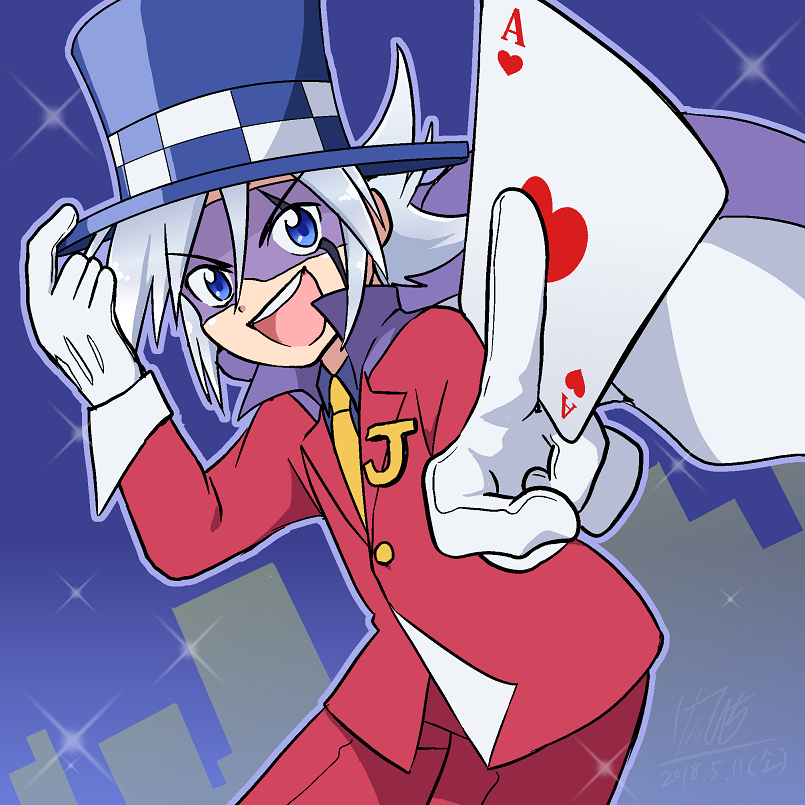 1boy, ace_of_hearts, between_fingers, blue_eyes, blue_headwear, cape, checkered_clothes, checkered_headwear