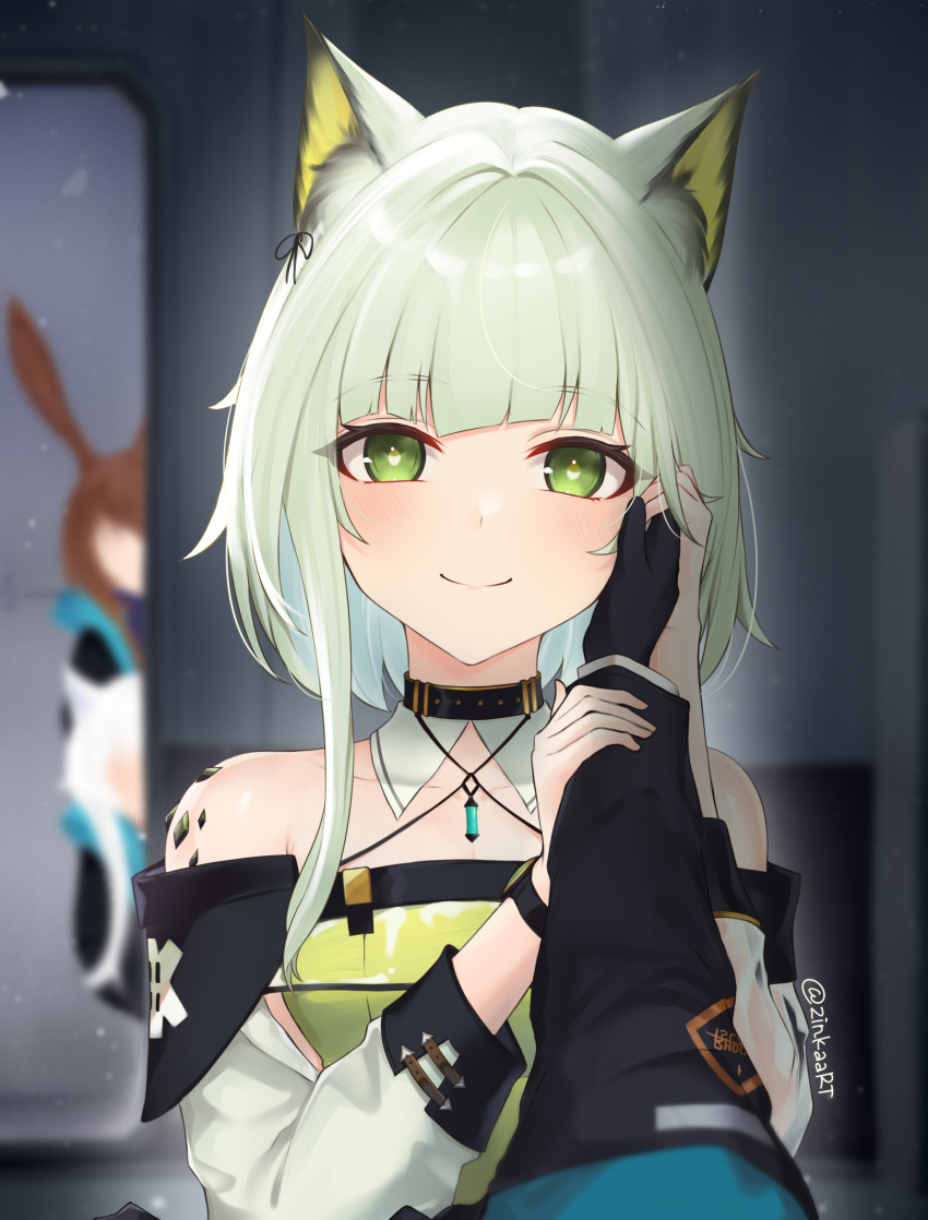 1other, 2girls, absurdres, amiya_(arknights), animal_ears, arknights, bare_shoulders, blunt_bangs, blurry, cat_ears, closed_mouth, collar, commentary, depth_of_field, doctor_(arknights), dress, green_dress, green_eyes, green_hair, hand_on_another's_cheek, hand_on_another's_face, highres, jewelry, kal'tsit_(arknights), looking_ahead, looking_at_viewer, multiple_girls, oripathy_lesion_(arknights), peeking_out, pendant, pov, pov_hands, short_hair_with_long_locks, smile, solo_focus, straight-on, twitter_username, upper_body, zinkaa