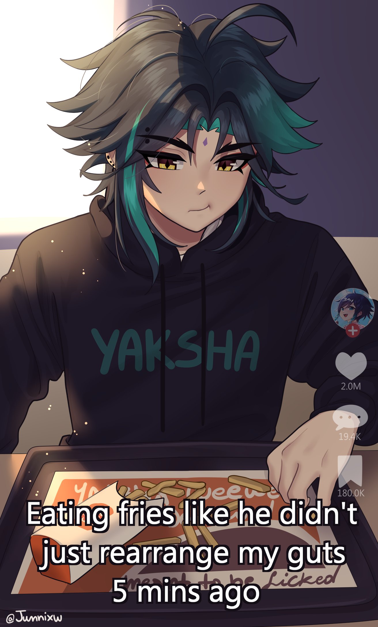 1boy, annidrw, black_hair, black_hoodie, closed_mouth, clothes_writing, earrings, eating, english_text, food, french_fries, genshin_impact, green_hair, highres, hood, hoodie, jewelry, male_focus, multicolored_hair, plate, profile, short_hair, tiktok, venti_(genshin_impact), xiao_(genshin_impact), yellow_eyes