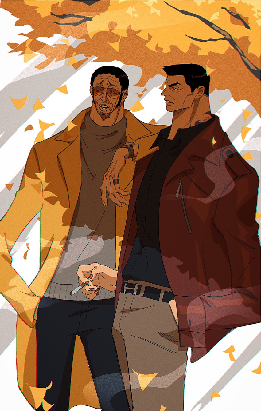 2boys, alternate_costume, autumn, autumn_leaves, black_hair, black_shirt, borsalino_(kizaru), casual, cigarette, coat, collared_shirt, cowboy_shot, facial_hair, grey_sweater, hand_in_pocket, hand_on_another's_shoulder, highres, holding, holding_cigarette, honesty_1114, jacket, jewelry, lying, male_focus, mature_male, multiple_boys, nail_polish, neck_tattoo, on_stomach, one_piece, open_clothes, open_jacket, orange-tinted_eyewear, outdoors, red_jacket, red_nails, ring, sakazuki_(akainu), shirt, short_hair, smoke, stubble, sunglasses, sweater, tattoo, tinted_eyewear, watch, yellow_coat
