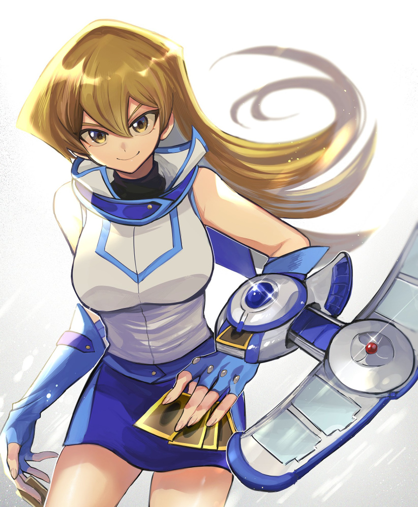 1girl, blonde_hair, blue_gloves, blue_skirt, blush, breasts, brown_eyes, card, duel_academy_uniform_(yu-gi-oh!_gx), duel_disk, duel_monster, elbow_gloves, fingerless_gloves, gloves, gradient_background, grey_background, hair_between_eyes, highres, holding, holding_card, large_breasts, long_hair, looking_at_viewer, miniskirt, shirt, sk816, skirt, sleeveless, sleeveless_jacket, smile, straight_hair, tenjouin_asuka, white_background, yellow_eyes, yu-gi-oh!, yu-gi-oh!_gx