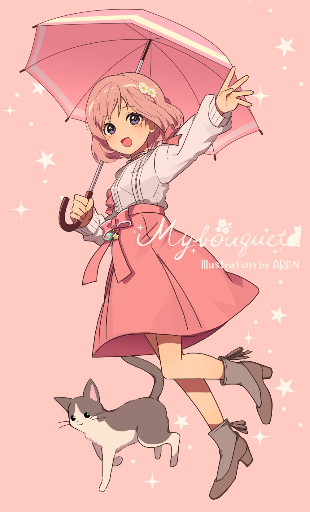 1girl, :d, aren_(fubuki-46), blush, brown_footwear, cat, commentary_request, flower, full_body, hair_flower, hair_ornament, high_heels, highres, holding, holding_umbrella, long_sleeves, looking_at_viewer, makanon_records, masaki_kanon, open_mouth, outstretched_arm, pink_background, pink_hair, pink_ribbon, pink_skirt, pink_umbrella, ribbon, shirt, short_hair, skirt, smile, solo, sparkle, standing, star_(symbol), umbrella, violet_eyes, white_shirt