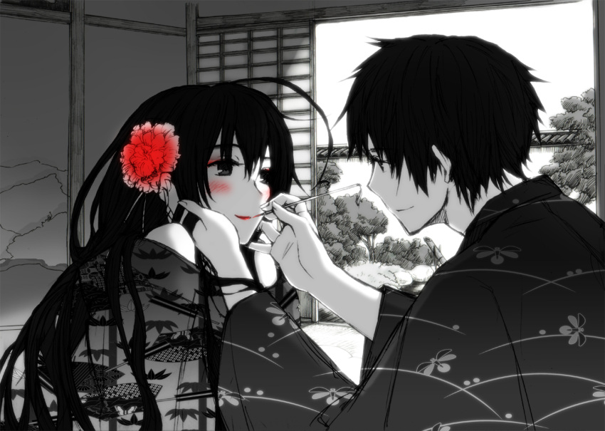 1girl, ahoge, applying_makeup, axis_powers_hetalia, blush, couple, flower, hair_flower, hair_ornament, hand_on_another's_cheek, hand_on_another's_face, hand_on_cheek, japan_(hetalia), japanese_clothes, kimono, lipstick, long_hair, makeup_brush, monochrome, off_shoulder, sandwich_(artist), shippou_(pattern), short_hair, spot_color, taiwan_(hetalia)