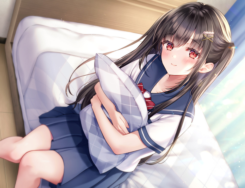 1girl, bed, bed_sheet, black_hair, blue_curtain, blue_sailor_collar, blue_serafuku, blue_skirt