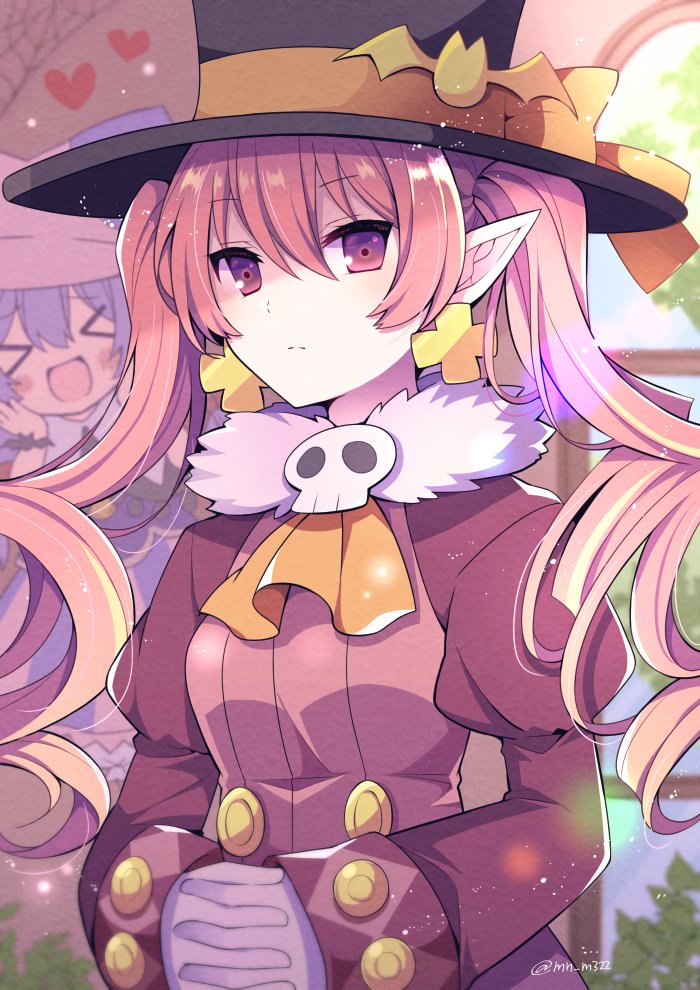 >_<, 2girls, :d, ascot, bat_(animal), black_headwear, blush, commentary_request
