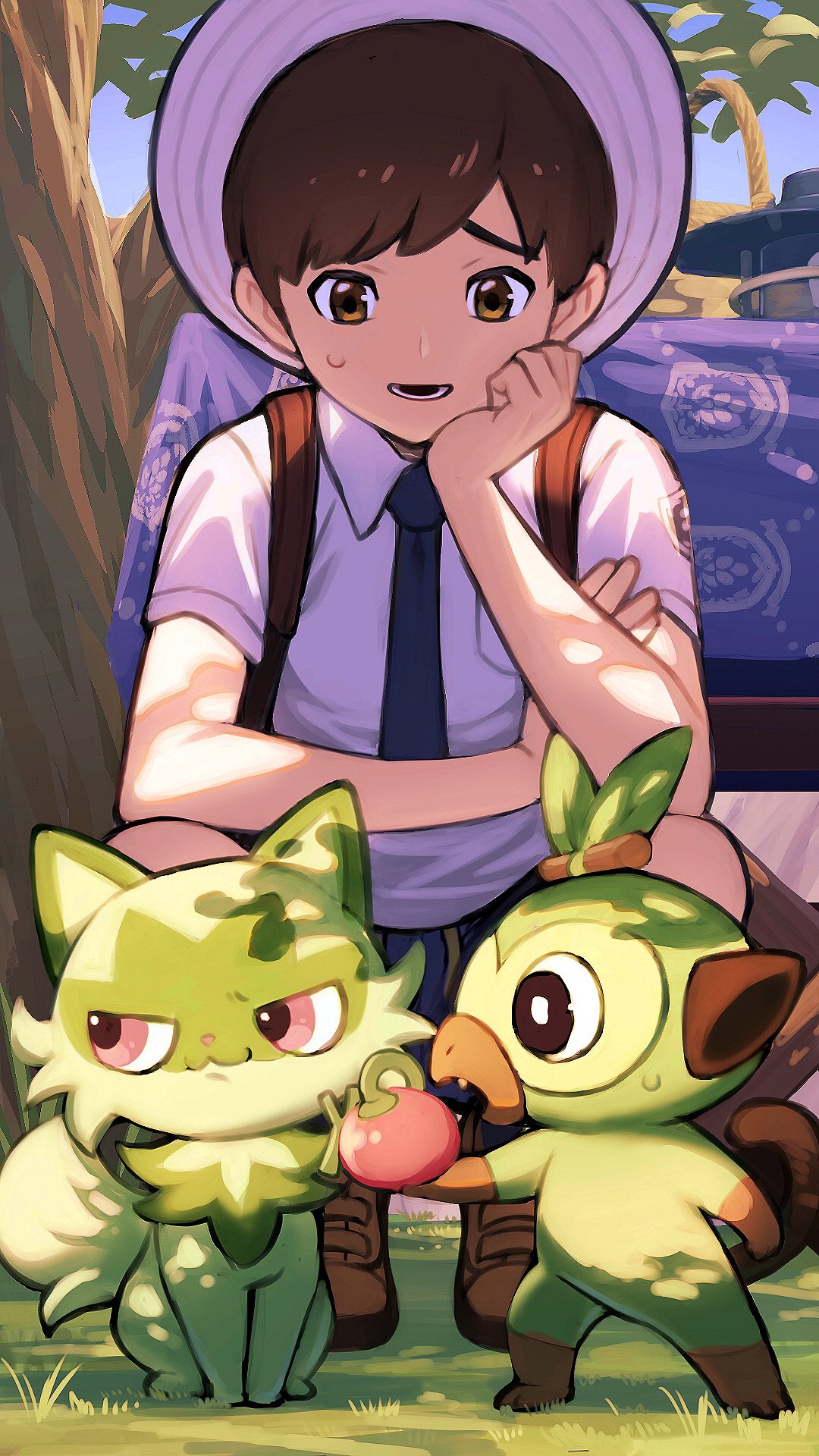 1boy, amakara000, berry_(pokemon), brown_eyes, brown_footwear, brown_hair, collared_shirt, commentary_request