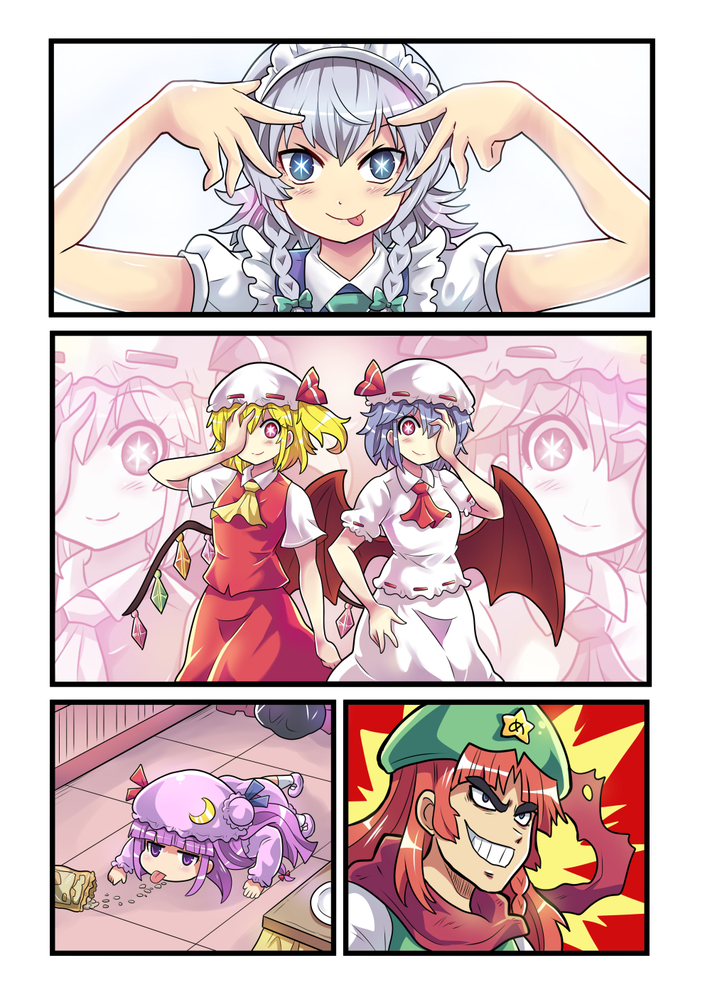 5girls, :p, ascot, bat_wings, beret, blonde_hair, blue_eyes, bow, braid, chibi, chips_(food), colonel_aki, commentary_request, crescent, crescent_hat_ornament, crescent_moon, flandre_scarlet, food, gem, getter_robo, getter_robo_(1st_series), grin, hair_between_eyes, hair_bow, hand_on_own_hip, hand_over_eye, hat, hat_ornament, hat_ribbon, highres, hong_meiling, hoshino_ai's_pose, izayoi_sakuya, licking, licking_floor, long_hair, maid_headdress, mob_cap, moon, multiple_girls, oshi_no_ko, parody, patchouli_knowledge, potato_chips, purple_hair, red_eyes, redhead, remilia_scarlet, ribbon, shoes, short_hair, short_sleeves, side_ponytail, smile, star-shaped_pupils, star_(symbol), style_parody, symbol-shaped_pupils, thick_eyebrows, tongue, tongue_out, touhou, trash_bag, twin_braids, wings