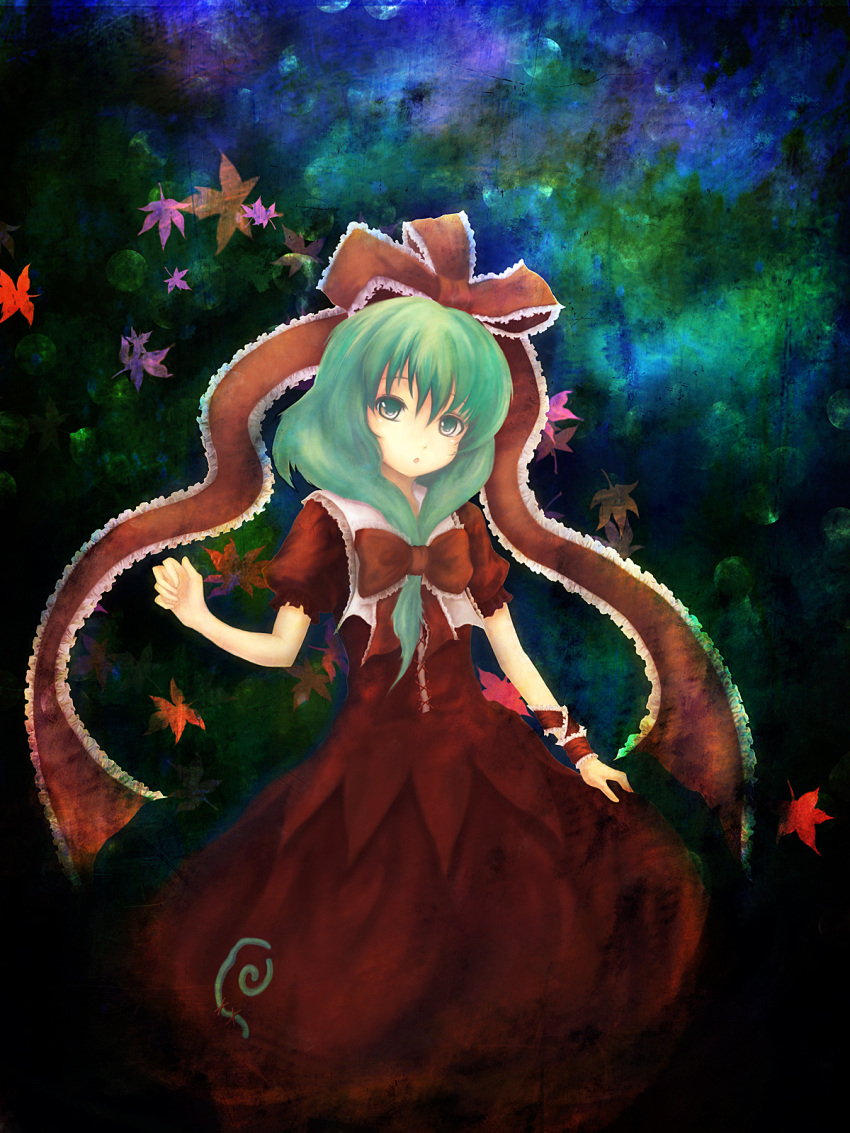 dress, front_ponytail, green_eyes, green_hair, hair_bow, hair_ribbon, highres, kagiyama_hina