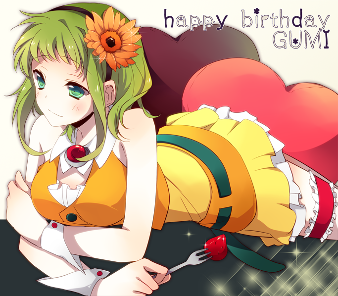 flower, food, fork, fruit, green_eyes, green_hair, gumi, hair_flower