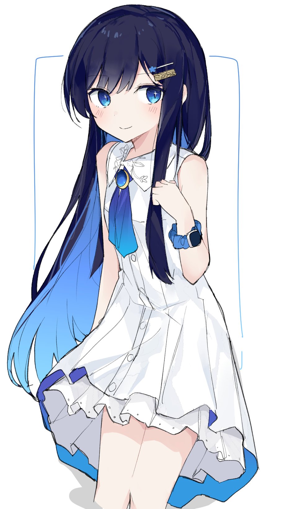 1girl, arm_at_side, black_hair, blue_eyes, blue_hair, blue_ribbon, blush, breasts, brooch, buttons, cevio, closed_mouth, collared_dress, colored_inner_hair, commentary_request, cropped_legs, dress, floating_hair, futaba_minato, gradient_neck_ribbon, hair_ornament, hairclip, hand_up, highres, jewelry, layered_dress, leaning_forward, long_hair, looking_at_viewer, multicolored_hair, ribbon, single_sidelock, sleeveless, sleeveless_dress, small_breasts, smartwatch, smile, solo, sparkling_eyes, subaritsuku, watch, watch, white_background, white_dress