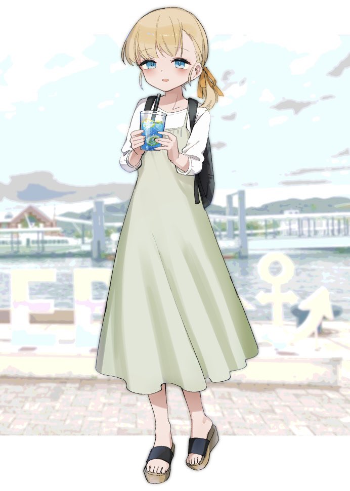 1girl, alternate_costume, blonde_hair, blue_eyes, blue_sky, blunt_bangs, clouds, day, dress, drink, full_body, grey_dress, hair_ribbon, kantai_collection, long_hair, one-hour_drawing_challenge, outdoors, ribbon, shin'you_(kancolle), shirt, sky, solo, toeless_footwear, white_shirt, yamashichi_(mtseven)