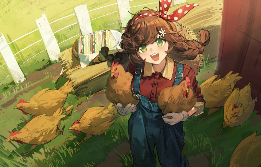 1girl, alternate_costume, animal, bird, blue_overalls, blush, braid, brown_hair, bunny_bunny_(reverse:1999), chicken, collared_shirt, commentary, fence, gloves, grass, green_eyes, hat, hat_removed, headwear_removed, highres, holding, holding_animal, looking_at_viewer, open_mouth, outdoors, overalls, pg_(pgouwoderen), polka_dot_hairband, red_shirt, reverse:1999, shirt, sidelocks, sleeves_rolled_up, standing, straw_hat, teeth, twin_braids, upper_teeth_only, white_gloves