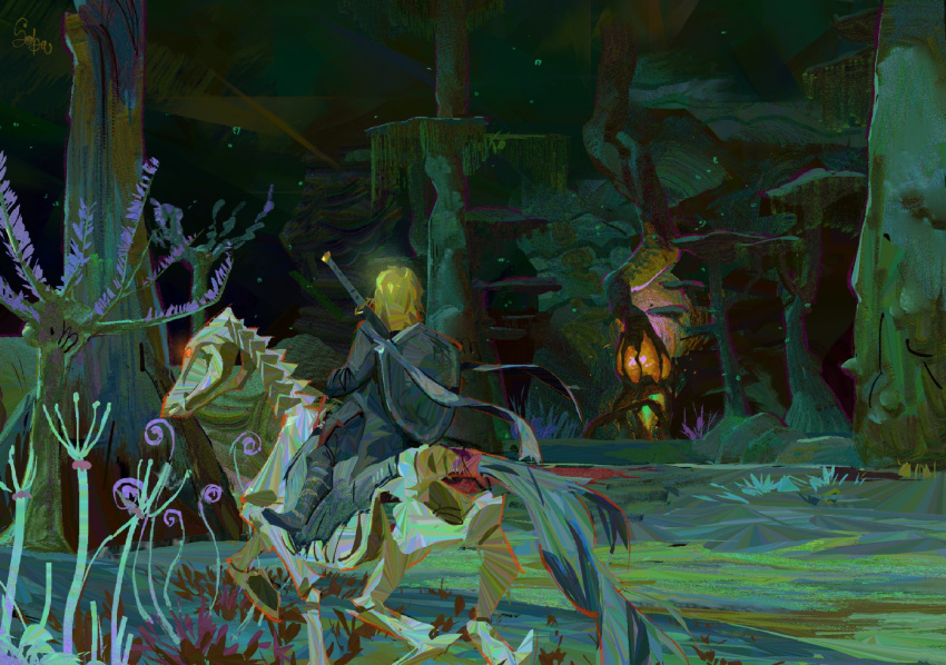 frozensoba, highres, horseback_riding, light_brown_hair, link, nature, riding, scenery, shield_on_back, stalhorse, sword, sword_on_back, the_legend_of_zelda, the_legend_of_zelda:_tears_of_the_kingdom, tree, underground, weapon, weapon_on_back, wide_shot