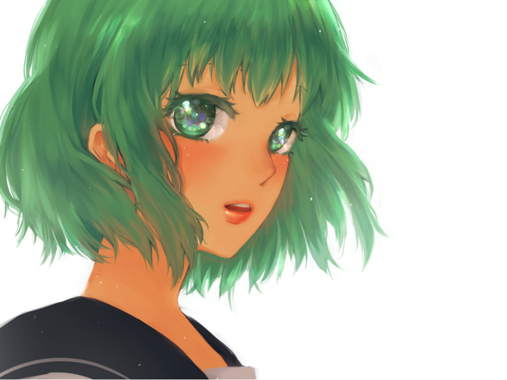 green_eyes, green_hair, gumi, lips, ohagi_(pixiv43285), ohagi_(ymnky), portrait, school_uniform, serafuku, short_hair, simple_background, solo, vocaloid