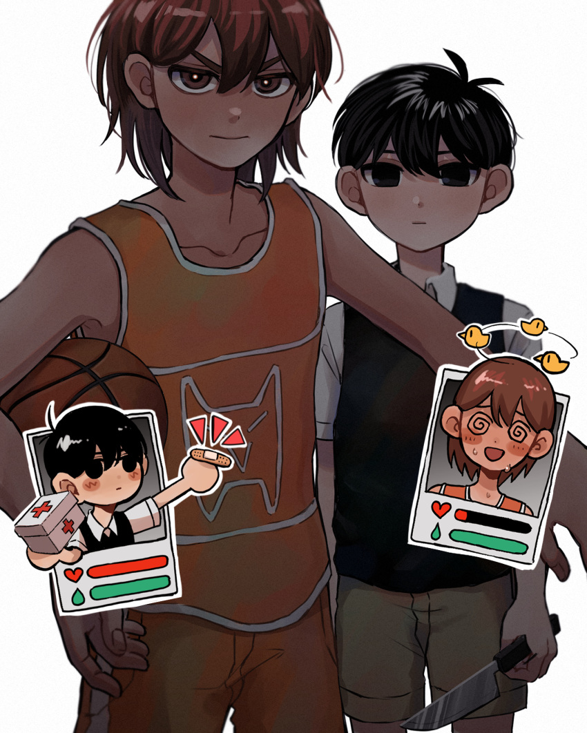 2boys, @_@, ball, bandaid, basketball_(object), black_eyes, black_hair, black_sweater_vest, brown_eyes, brown_hair, brown_shorts, closed_mouth, collarbone, collared_shirt, expressionless, health_bar, highres, holding, holding_ball, holding_knife, k_toast, kel_(omori), knife, looking_at_viewer, multiple_boys, omori, open_mouth, orange_shorts, shirt, short_hair, short_sleeves, shorts, sunny_(omori), sweater_vest, white_shirt