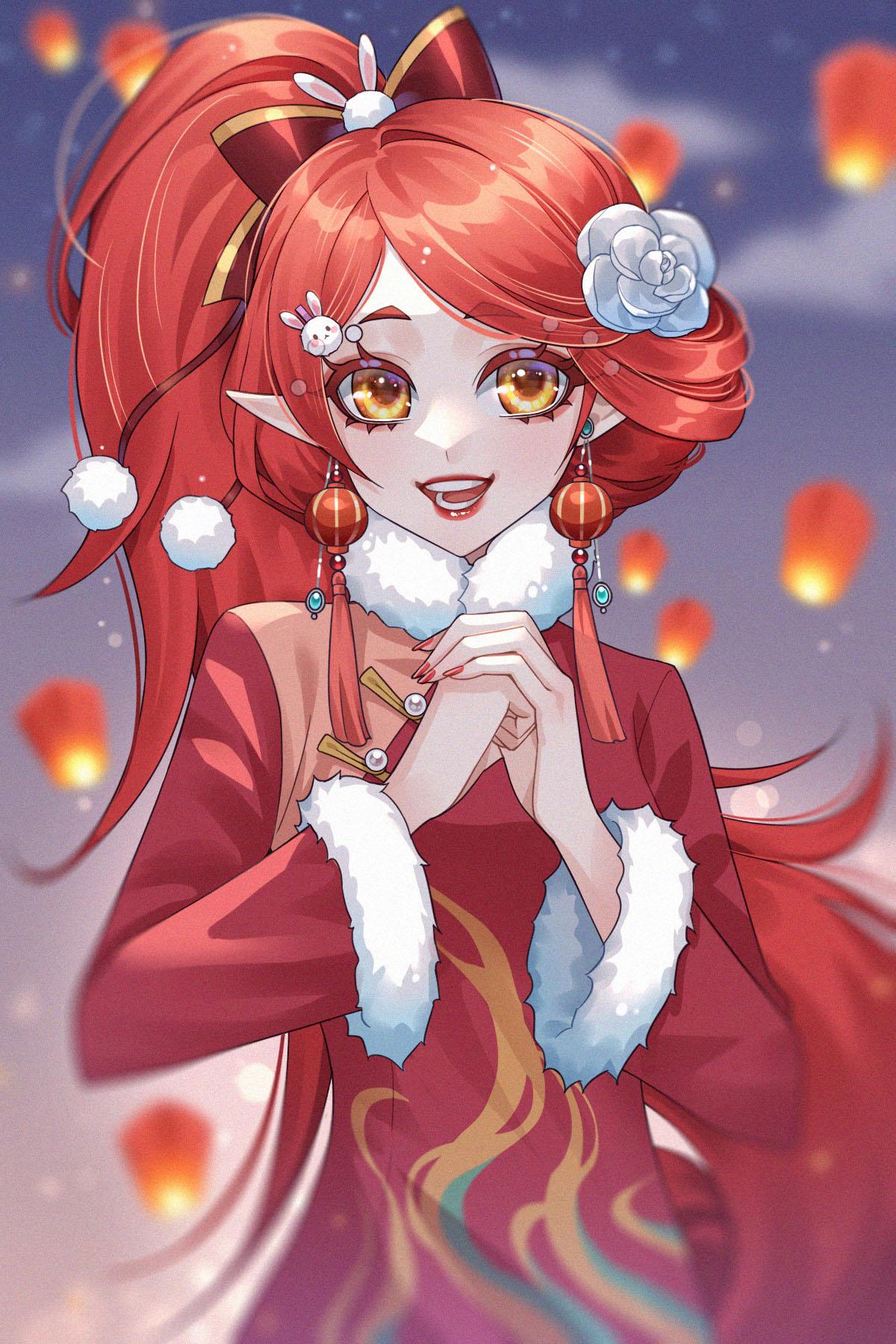1girl, :d, blurry, blurry_background, bow, china_dress, chinese_clothes, chinese_new_year, chun_(xiao_huaxian), cotton_ball, dress, flower, fur-trimmed_dress, fur_trim, hair_bow, hair_flower, hair_ornament, highres, kumu_zaisheng, lantern, lantern_earrings, looking_at_viewer, night, night_sky, palm-fist_greeting, paper_lantern, pointy_ears, ponytail, rabbit_hair_ornament, red_bow, red_dress, red_lips, red_nails, redhead, sky, sky_lantern, smile, solo, swept_bangs, teeth, upper_body, white_flower, xiao_huaxian, yellow_eyes