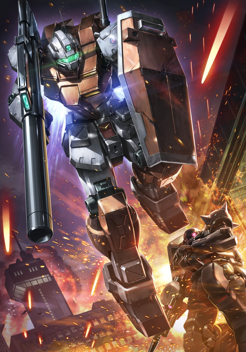 absurdres, arm_shield, assault_visor, bazooka_(gundam), building, commentary, control_tower, embers