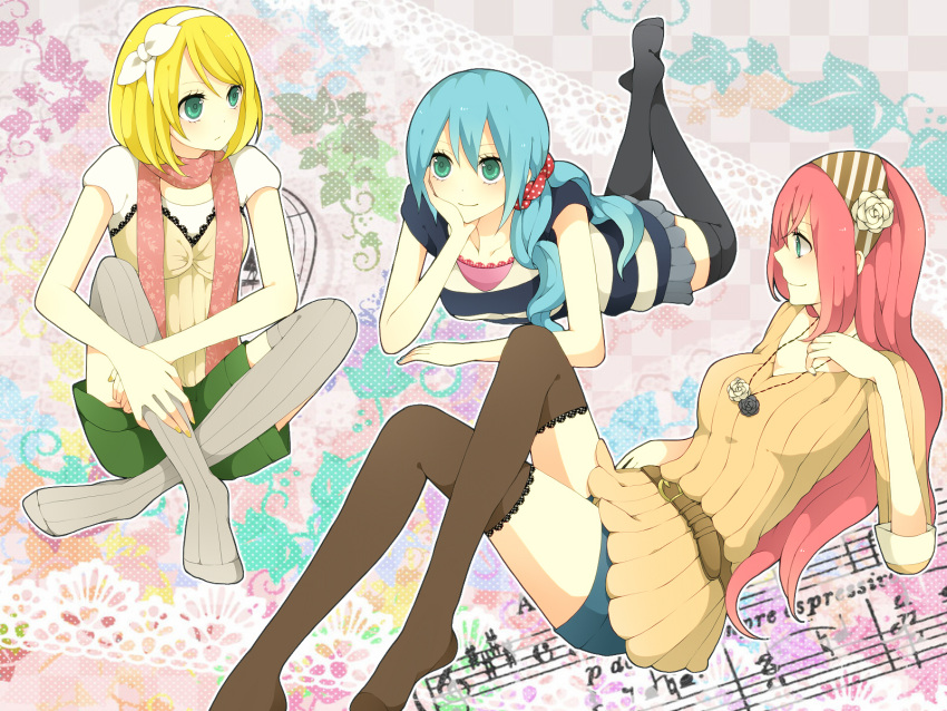 aqua_eyes, aqua_hair, blonde_hair, casual, crossed_legs, flower, hair_flower, hair_ornament