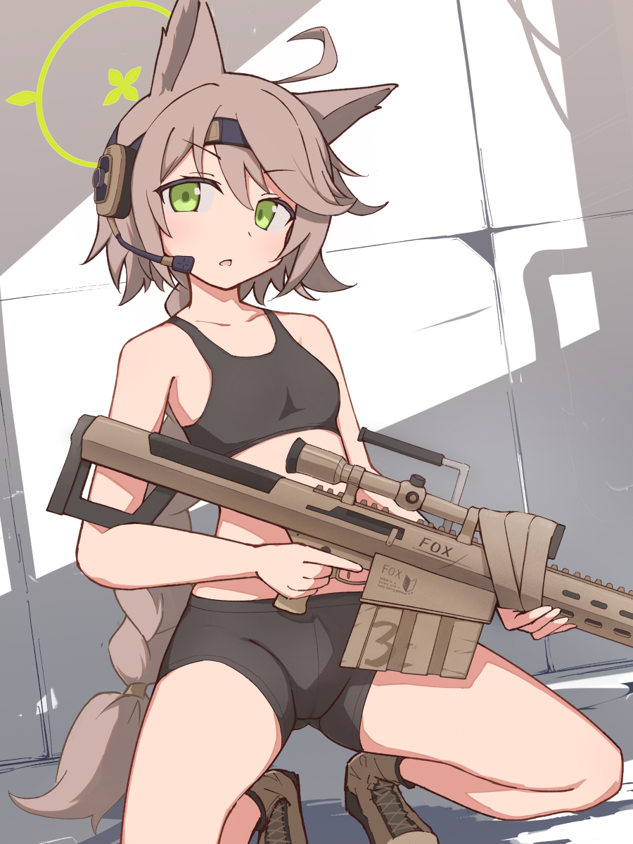 1girl, animal_ears, anti-materiel_rifle, bare_arms, bare_shoulders, bike_shorts, blue_archive, brown_hair, caraku, fox_ears, green_eyes, gun, highres, long_hair, m107, otogi_(blue_archive), rifle, sniper_rifle, sports_bra, thighs, weapon