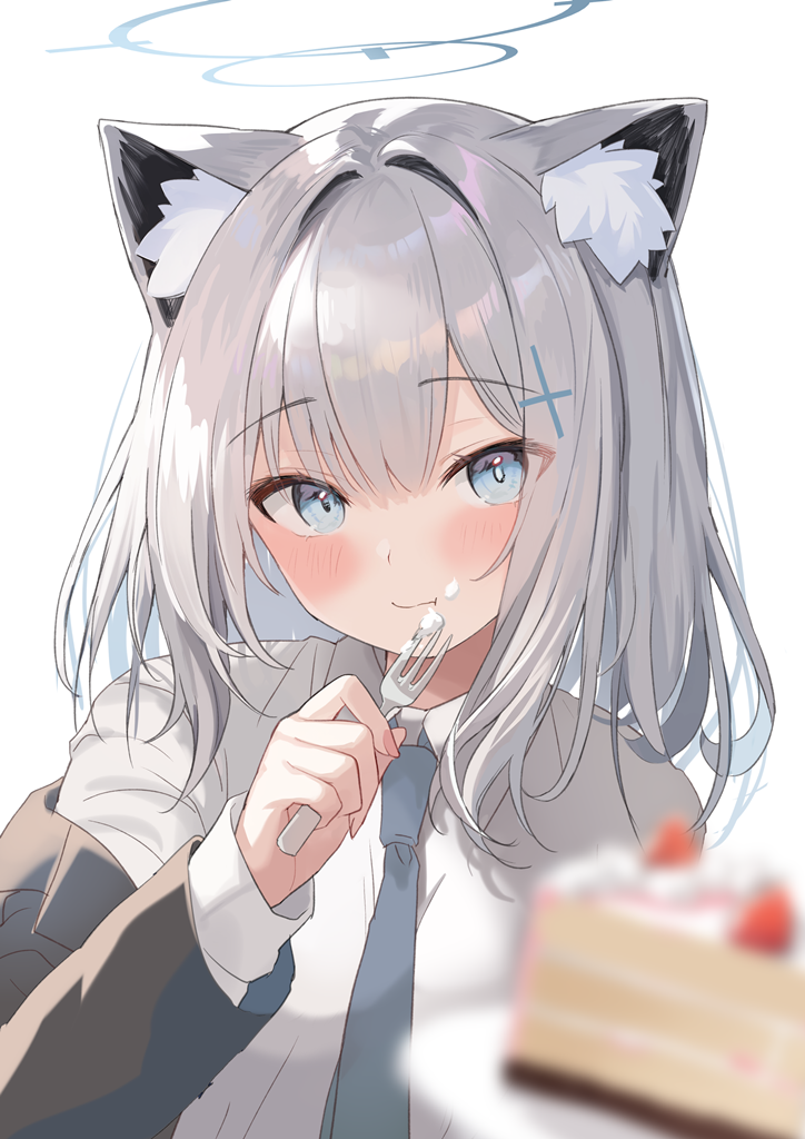 1girl, animal_ear_fluff, animal_ears, black_jacket, blue_archive, blue_eyes, blue_halo, blurry, blurry_foreground, blush, cake, cake_slice, closed_mouth, collared_shirt, commentary, cross_hair_ornament, food, food_on_face, fork, grey_hair, grey_necktie, hair_ornament, halo, hand_up, holding, holding_fork, jacket, jacket_partially_removed, jenna_(jenna0108je), long_sleeves, looking_at_viewer, necktie, plate, shiroko_(blue_archive), shirt, simple_background, solo, upper_body, white_background, white_shirt, wolf_ears
