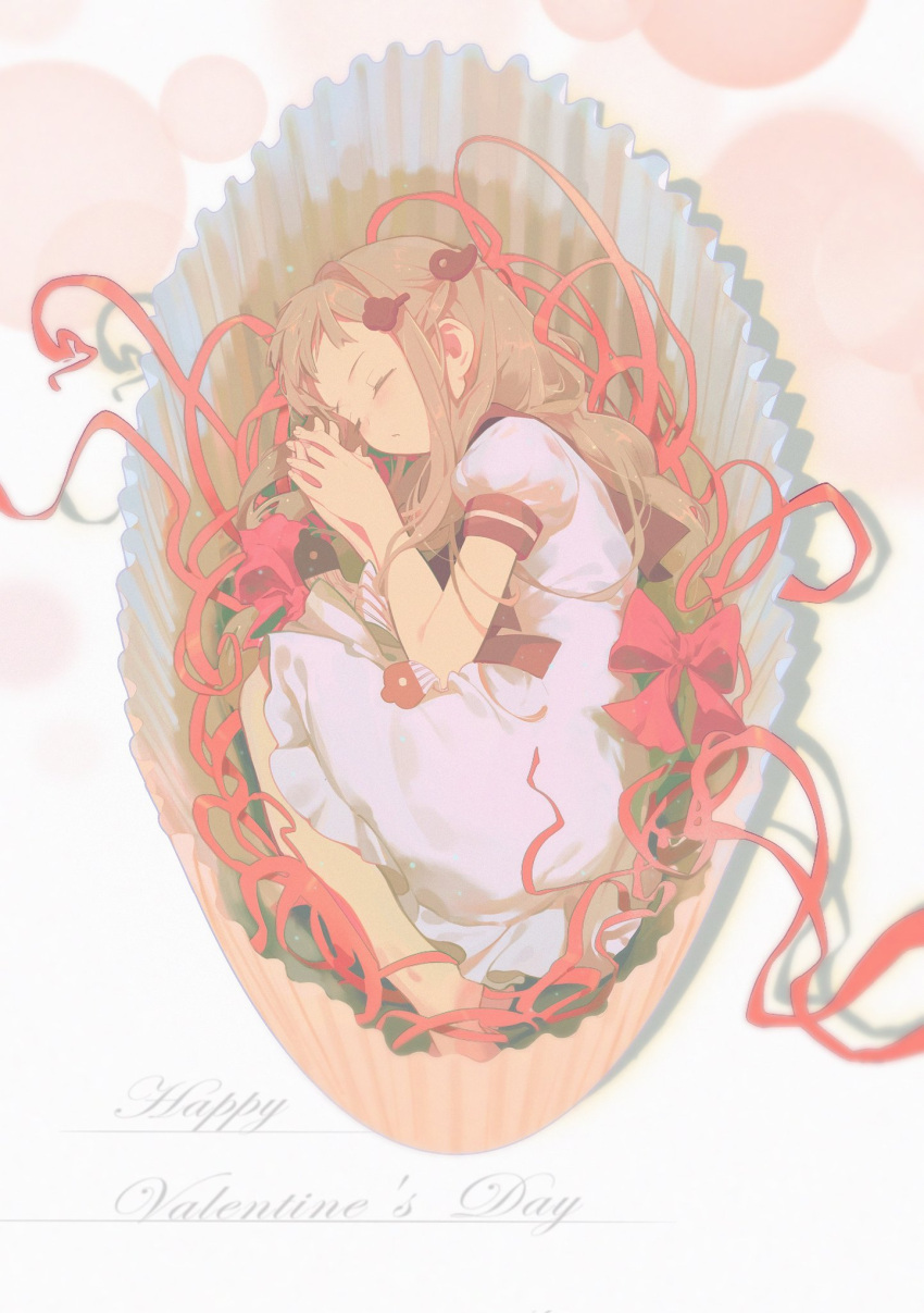 1girl, bow, box, braid, brown_hair, clefs27, closed_eyes, closed_mouth