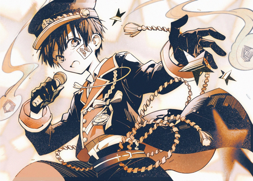 1boy, aiguillette, black_shorts, brown_theme, buttons, clefs27, coattails, collared_shirt, cropped_jacket, double-breasted, gloves, greyscale, hanako_(jibaku_shounen_hanako-kun), hat, highres, hitodama, holding, holding_microphone, idol, jibaku_shounen_hanako-kun, long_sleeves, looking_at_viewer, male_focus, microphone, monochrome, music, open_mouth, peaked_cap, ribbon, shirt, shorts, singing, solo, wing_collar