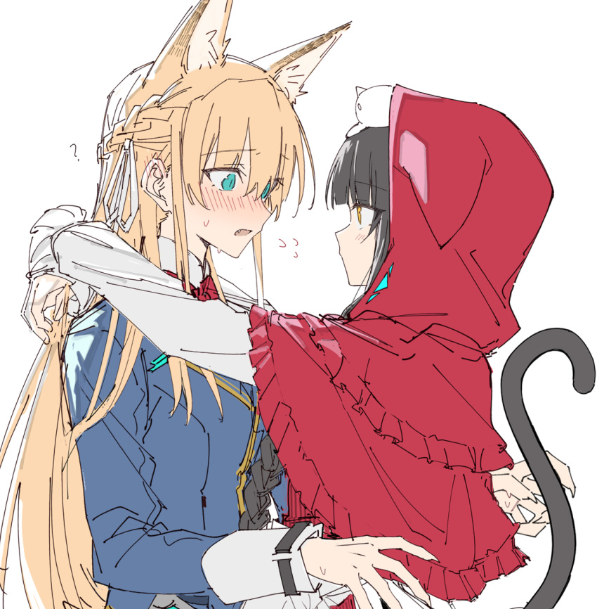 2girls, animal_ears, arms_around_neck, asakura_karen_(heaven_burns_red), blonde_hair, blue_eyes, blue_jacket, blunt_bangs, braid, cat_tail, cosplay, hair_ribbon, heaven_burns_red, highres, jacket, little_red_riding_hood_(grimm), little_red_riding_hood_(grimm)_(cosplay), long_hair, looking_at_another, multiple_girls, ribbon, tail, toujou_tsukasa, wuubaiwan, yellow_eyes, yuri