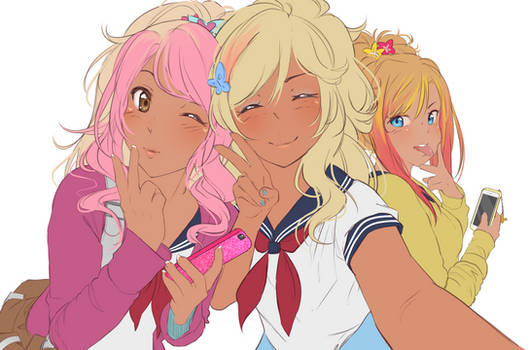 3girls, aqua_nails, blonde_hair, blue_eyes, blue_sailor_collar, blush, brown_eyes, butterfly_hair_ornament