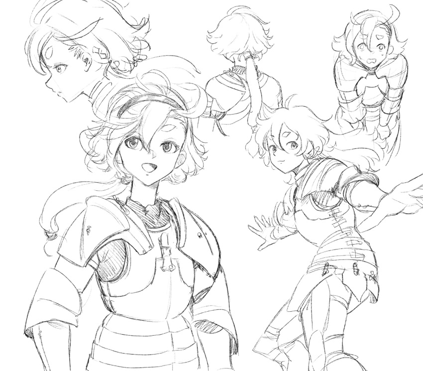 1girl, :d, ahoge, armor, breastplate, faulds, from_behind, gundam