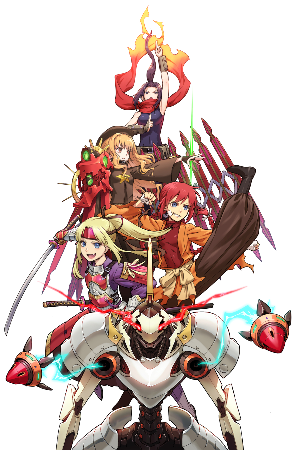 4girls, :d, android_(sekaiju), android_1_(sekaiju), armor, bandage_on_face, bandages, beret, blonde_hair, blue_eyes, braid, braided_ponytail, breasts, brown_coat, brown_eyes, brown_headwear, coat, fang, flaming_eyes, forehead_protector, hair_ribbon, hand_wraps, hat, high_kick, highres, humanoid_robot, katana, kicking, kuji-in, long_scarf, medium_breasts, monk_(sekaiju), monk_4_(sekaiju), multiple_girls, ninja, orange_hair, ponytail, purple_hair, red_scarf, redhead, ribbon, robot, scarf, sekaiju_no_meikyuu, sekaiju_no_meikyuu_3, shigumo_(shigeru), shinobi_(sekaiju), shinobi_2_(sekaiju), shogun_(sekaiju), shogun_2_(sekaiju), simple_background, sleeveless, small_breasts, smile, sword, weapon, white_background, wide_sleeves, zodiac_(sekaiju), zodiac_4_(sekaiju)