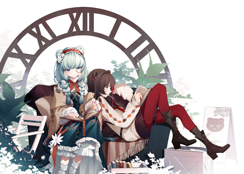 2girls, absurdres, aqua_hair, argyle_cardigan, arknights, black_footwear, black_skirt, bloomers, blue_dress, blue_eyes, book, boots, braid, brown_hair, candy, cardigan, chair, closed_mouth, couch, crate, dress, duyue_moritz, earphones, feet_out_of_frame, flower, folding_chair, food, food_in_mouth, hair_flower, hair_ornament, hairband, highres, istina_(arknights), istina_(bibliosmia)_(arknights), knee_boots, leaning_back, leaning_on_person, lollipop, long_hair, long_sleeves, miniskirt, monocle, multicolored_hair, multiple_girls, neck_ribbon, neckerchief, official_alternate_costume, on_couch, open_book, pantyhose, reading, red_hairband, red_neckerchief, red_pantyhose, red_ribbon, redhead, ribbon, roman_numeral, school_uniform, simple_background, sitting, skirt, smile, socks, streaked_hair, striped, striped_hairband, twin_braids, two-tone_hair, underwear, white_background, white_cardigan, white_flower, white_socks, zima_(arknights)