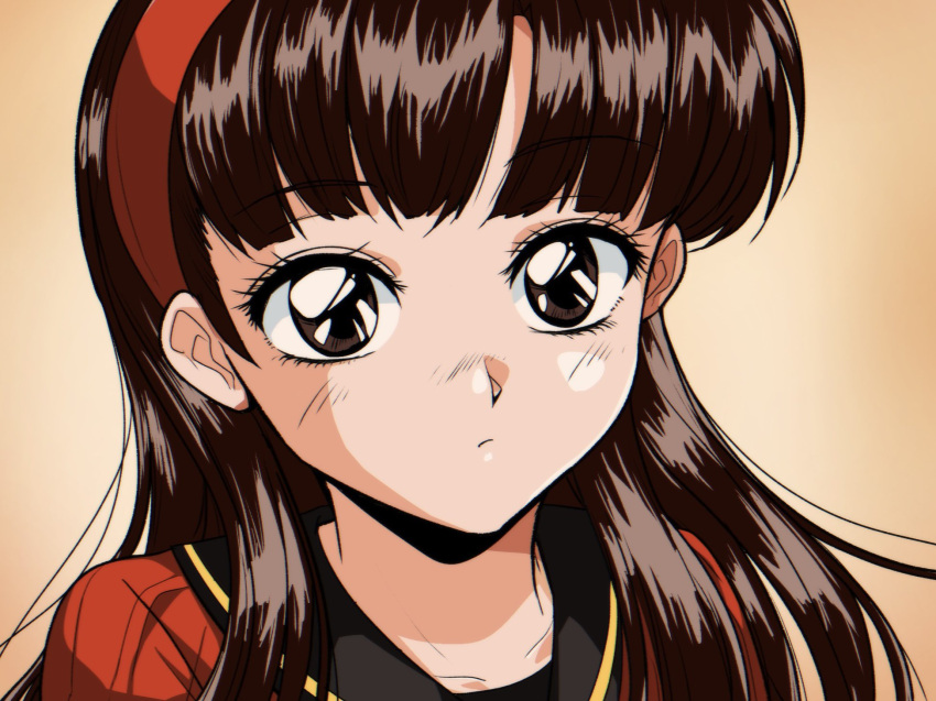 1girl, amagi_yukiko, brown_background, brown_eyes, brown_hair, closed_mouth, eyelashes, hairband, highres, long_hair, looking_at_viewer, persona, persona_4, portrait, red_hairband, red_shirt, retro_artstyle, school_uniform, shirt, solo, yasogami_school_uniform, yuyuy_00