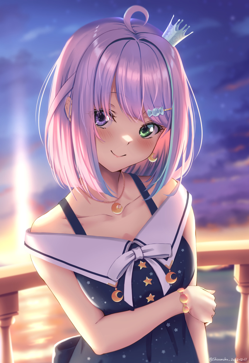 1girl, ahoge, arm_under_breasts, backlighting, balcony, blue_dress, blue_hair, blush