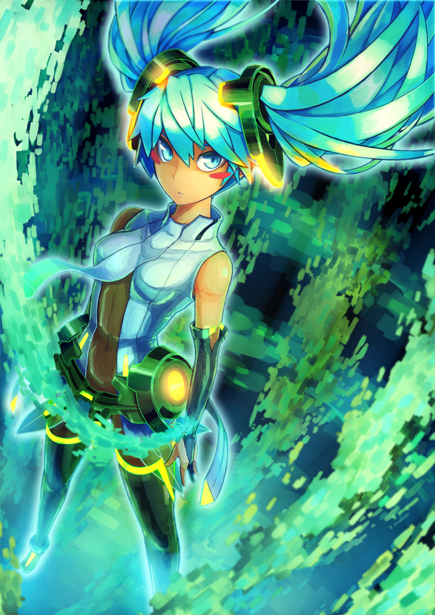 aqua_eyes, aqua_hair, blush_stickers, bridal_gauntlets, floating_hair, hatsune_miku, hatsune_miku_(append), highres