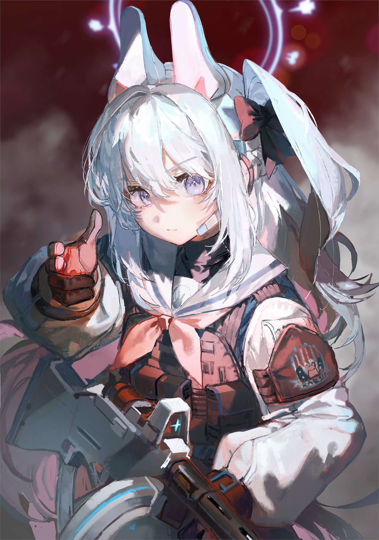 1girl, aiming_at_viewer, animal_ear_headphones, animal_ears, black_bow, black_gloves, black_undershirt, blue_archive, blue_shirt, bow, closed_mouth, commentary, drum_magazine, dust_cloud, fake_animal_ears, finger_gun, floating_hair, gloves, grey_eyes, gun, hair_bow, halo, hand_up, headphones, highres, holding, holding_gun, holding_weapon, load_bearing_vest, long_hair, long_sleeves, looking_at_viewer, magazine_(weapon), microphone, miyako_(blue_archive), neckerchief, one_side_up, pink_gloves, pink_neckerchief, puffy_long_sleeves, puffy_sleeves, quasarcake, rabbit_ear_headphones, sailor_collar, school_uniform, serafuku, serious, shirt, solo, submachine_gun, turtleneck, two-tone_gloves, upper_body, v-shaped_eyebrows, very_long_hair, weapon, white_hair, white_sailor_collar, white_sleeves