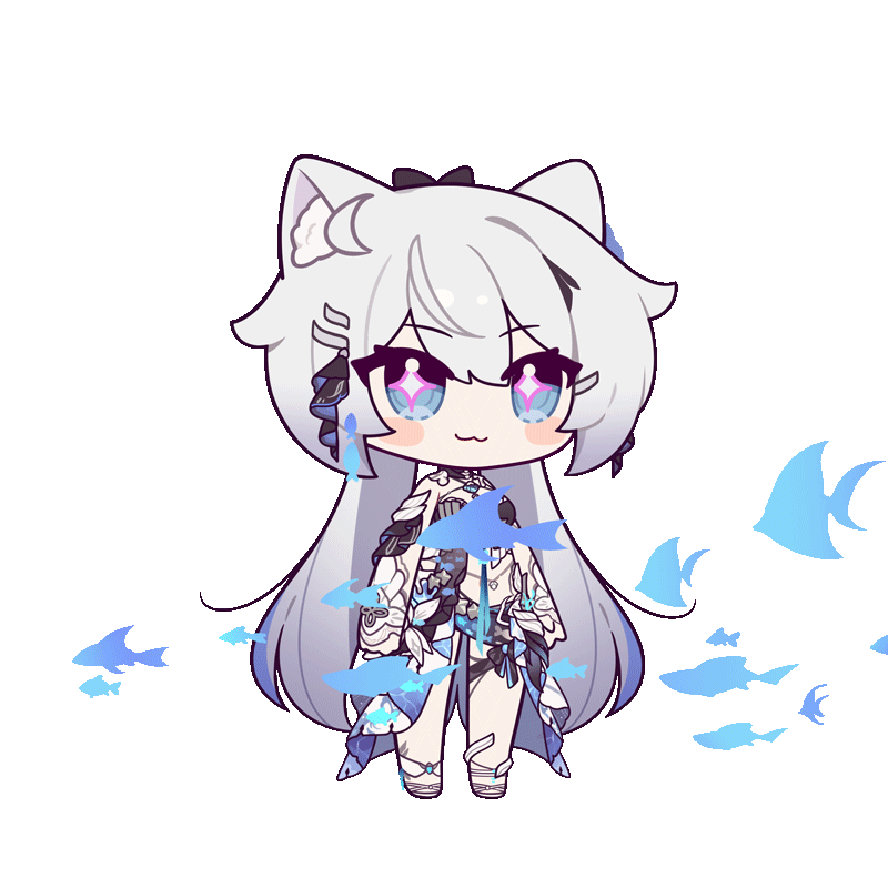 >_<, 1girl, :3, :d, ahoge, animal, animal_ear_fluff, animal_ears, animated, animated_gif, bare_legs, bare_shoulders, black_headwear, cat_ears, cat_girl, chibi, closed_mouth, detached_sleeves, ear_wiggle, fish, full_body, high_ponytail, honkai_(series), honkai_impact_3rd, kiana_kaslana, kiana_kaslana_(herrscher_of_finality), long_hair, looping_animation, official_alternate_costume, official_art, open_mouth, smile, solo, standing, star-shaped_pupils, star_(symbol), symbol-shaped_pupils, transparent_background, white_footwear, white_hair