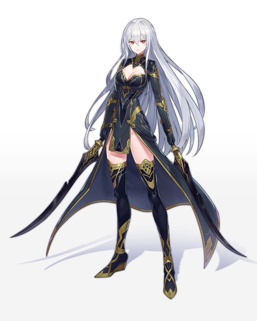 1girl, absurdres, boots, borrowed_character, breasts, cleavage_cutout, clothing_cutout, commentary_request, commission, dual_wielding, expressionless, full_body, highres, holding, holding_sword, holding_weapon, long_coat, long_hair, looking_at_viewer, medium_breasts, mytea_(soso), original, red_eyes, skeb_commission, solo, standing, sword, thigh_boots, very_long_hair, weapon, wedge_heels, white_background, white_hair