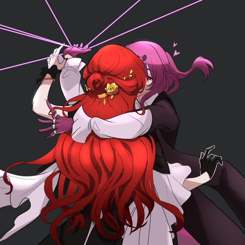 2girls, absurdres, black_gloves, dress, eyewear_on_head, gloves, heart, highres, himeko_(honkai:_star_rail), honkai:_star_rail, honkai_(series), implied_kiss, jacket, jewelry, kafka_(honkai:_star_rail), linraechi, long_hair, long_sleeves, multiple_girls, open_hands, ponytail, purple_gloves, purple_hair, redhead, rigging, round_eyewear, shirt, simple_background, single_glove, violet_eyes, white_dress, white_shirt, yuri