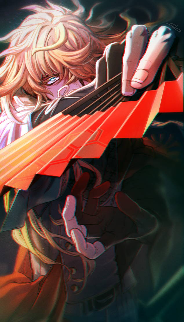 1boy, artist_name, belt, black_gloves, blonde_hair, blue_eyes, brown_hair, buttons