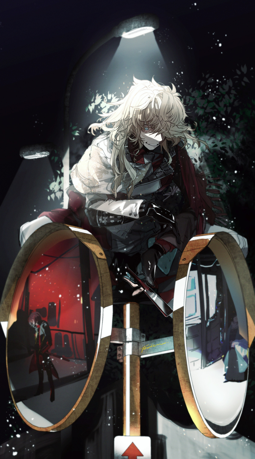 3boys, absurdres, armor, arrow_(symbol), artist_name, black_gloves, blue_eyes, collared_shirt