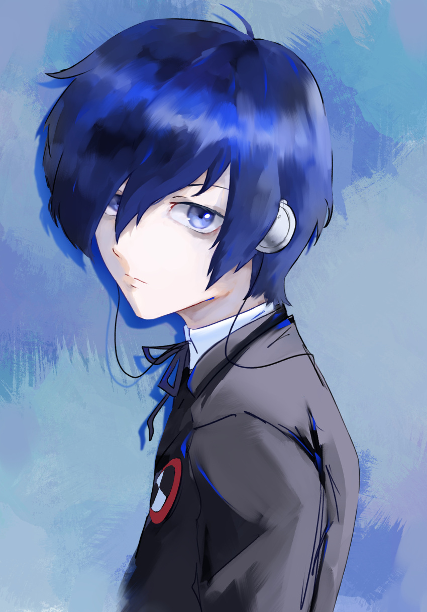 1boy, absurdres, bishounen, black_jacket, blue_background, blue_eyes, blue_hair, blue_ribbon
