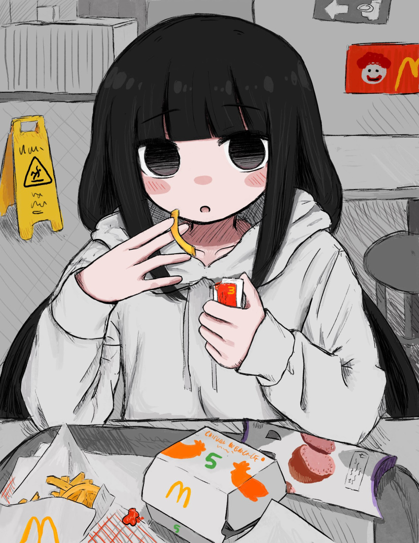 1girl, between_fingers, black_eyes, black_hair, blunt_bangs, blush_stickers, bubbacterial, chicken_nuggets