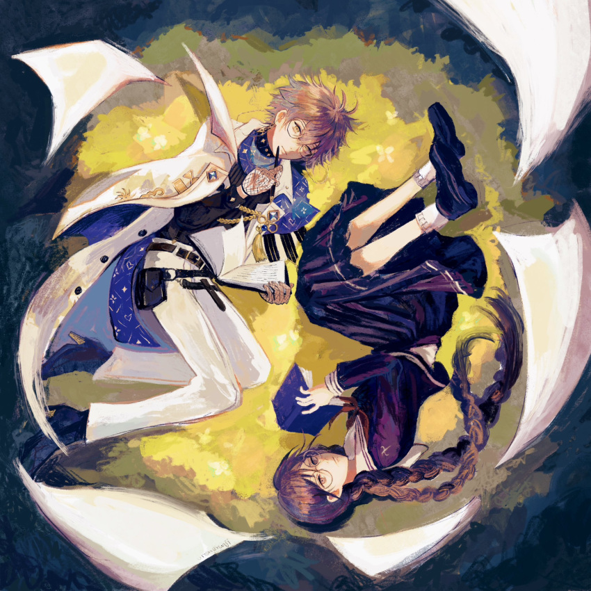 1boy, 1girl, belt, black_footwear, black_gloves, black_shirt, black_skirt, blue_capelet, blue_scarf, book, braid, brown_belt, brown_hair, capelet, closed_mouth, danganronpa:_trigger_happy_havoc, danganronpa_(series), eyewear_strap, fishnet_gloves, fishnets, fukawa_toko, full_body, glasses, gloves, hair_between_eyes, high_heels, highres, holding, holding_book, holding_pen, ike_eveland, ike_eveland_(1st_costume), jacket, loafers, long_hair, long_sleeves, looking_at_viewer, nijisanji, nijisanji_en, orenorenji, pants, pen, rotational_symmetry, round_eyewear, scarf, school_uniform, serafuku, shirt, shoes, short_hair, skirt, socks, suspenders, turtleneck, twin_braids, virtual_youtuber, white_capelet, white_jacket, white_pants, white_socks, yellow_eyes