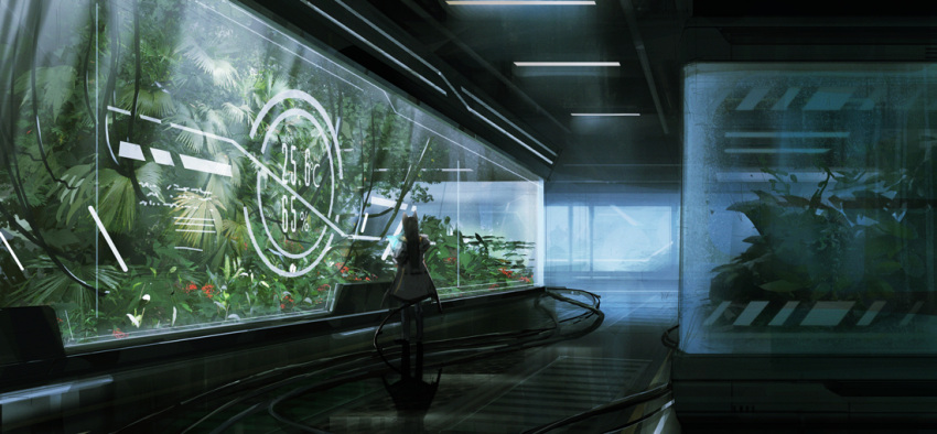 1girl, animal_ears, cable, commentary_request, from_behind, glass, haru_akira, indoors