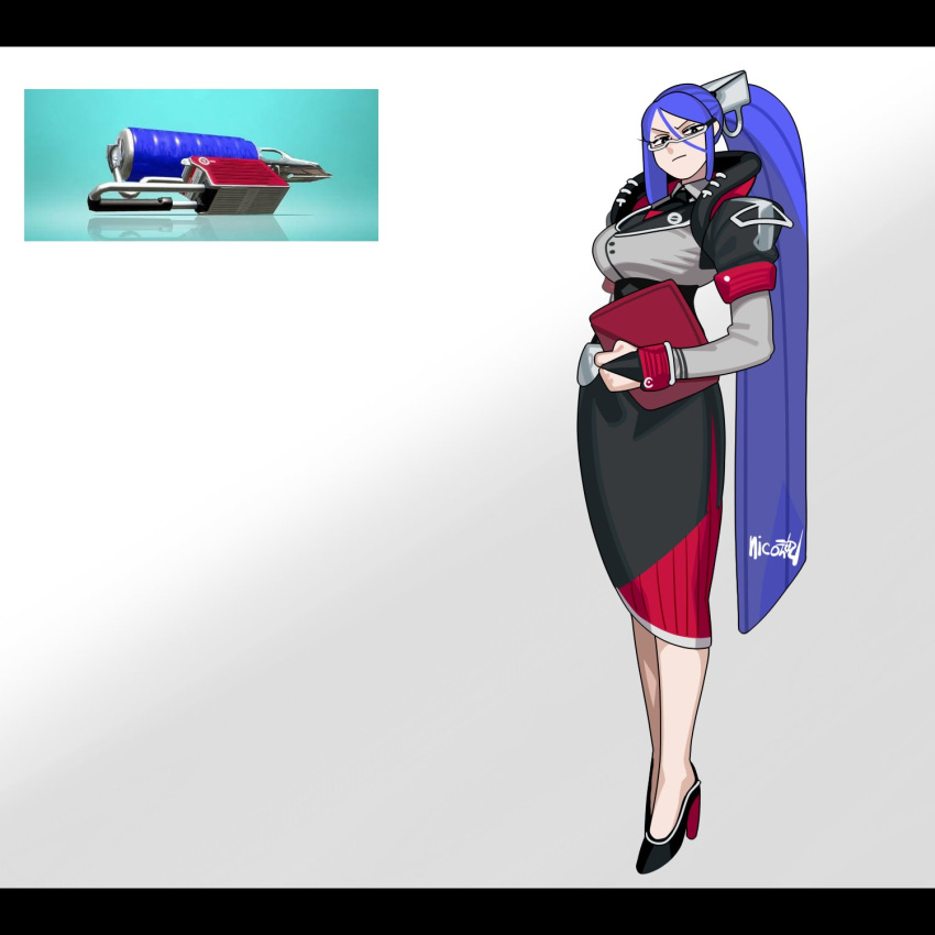 1girl, black_necktie, blue_hair, breasts, clipboard, closed_mouth, flingza_roller_(splatoon), full_body