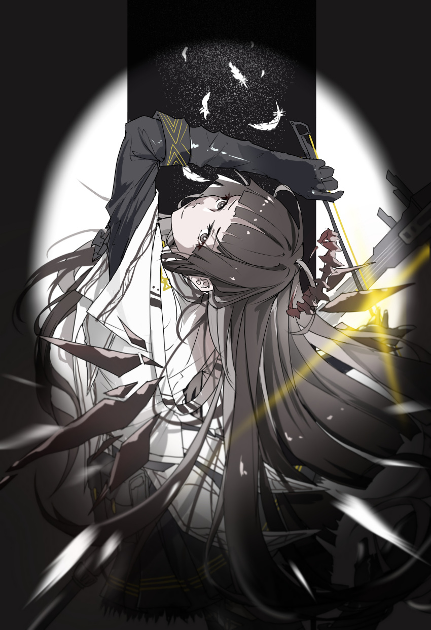 1girl, absurdres, arknights, arm_up, arturia_(arknights), black_gloves, black_hair, closed_mouth