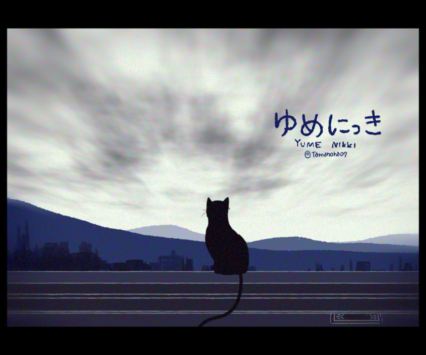 animal, black_cat, cat, clouds, commentary_request, copyright_name, facing_away, grey_sky